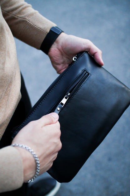 Handmade Genuine Smooth Leather Clutch SKILL Black Minimalist Wristlet Gift for Him