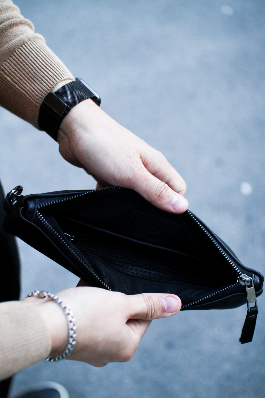Handmade Genuine Smooth Leather Clutch SKILL Black Minimalist Wristlet Gift for Him
