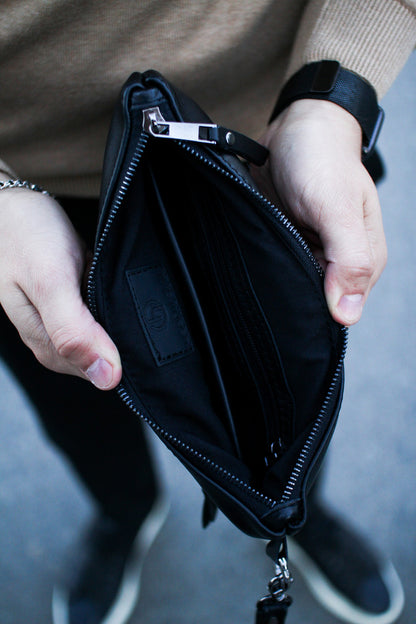 Handmade Genuine Smooth Leather Clutch SKILL Black Minimalist Wristlet Gift for Him
