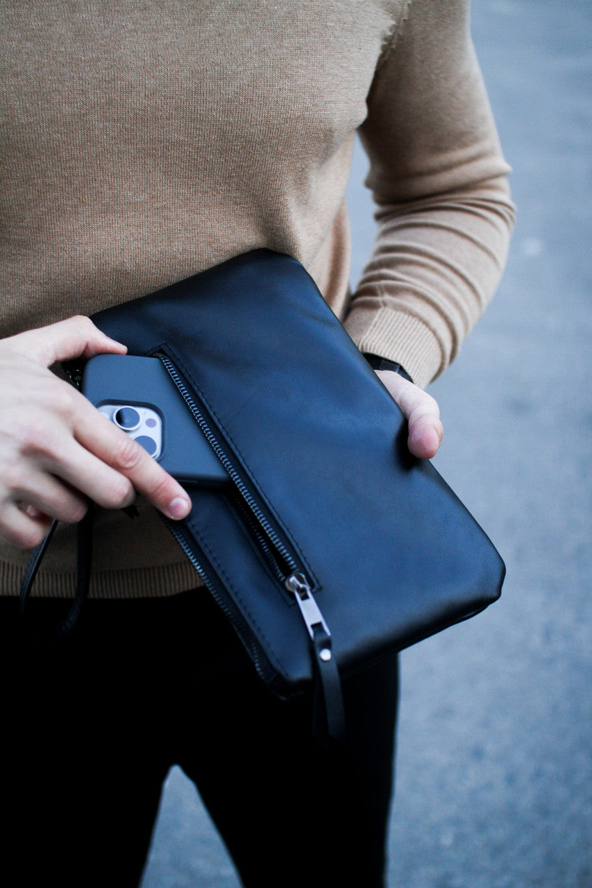 Handmade Genuine Smooth Leather Clutch SKILL Black Minimalist Wristlet Gift for Him