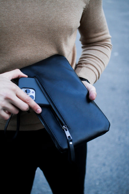 Handmade Genuine Smooth Leather Clutch SKILL Black Minimalist Wristlet Gift for Him