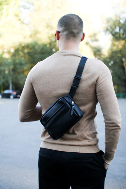 Handmade Mens Leather Crossbody Bag Black