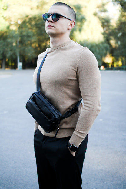Handmade Mens Leather Crossbody Bag Black Gift for Him
