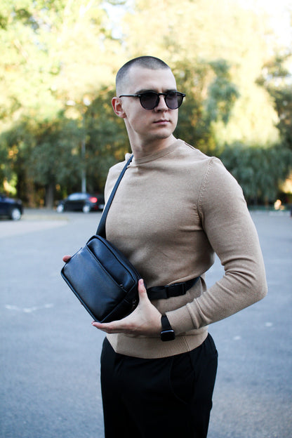 Handmade Mens Leather Crossbody Bag Black Gift for Him
