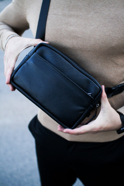 Handmade Mens Leather Crossbody Bag Black Gift for Him