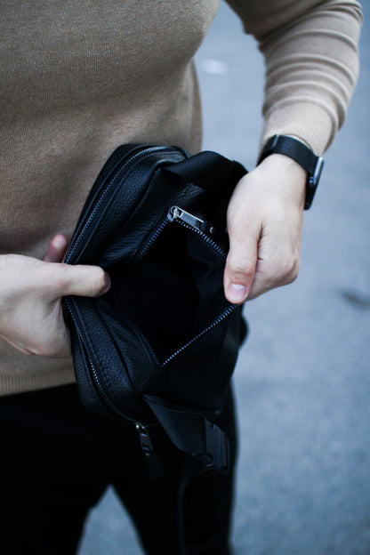Handmade Mens Leather Crossbody Bag Black Gift for Him
