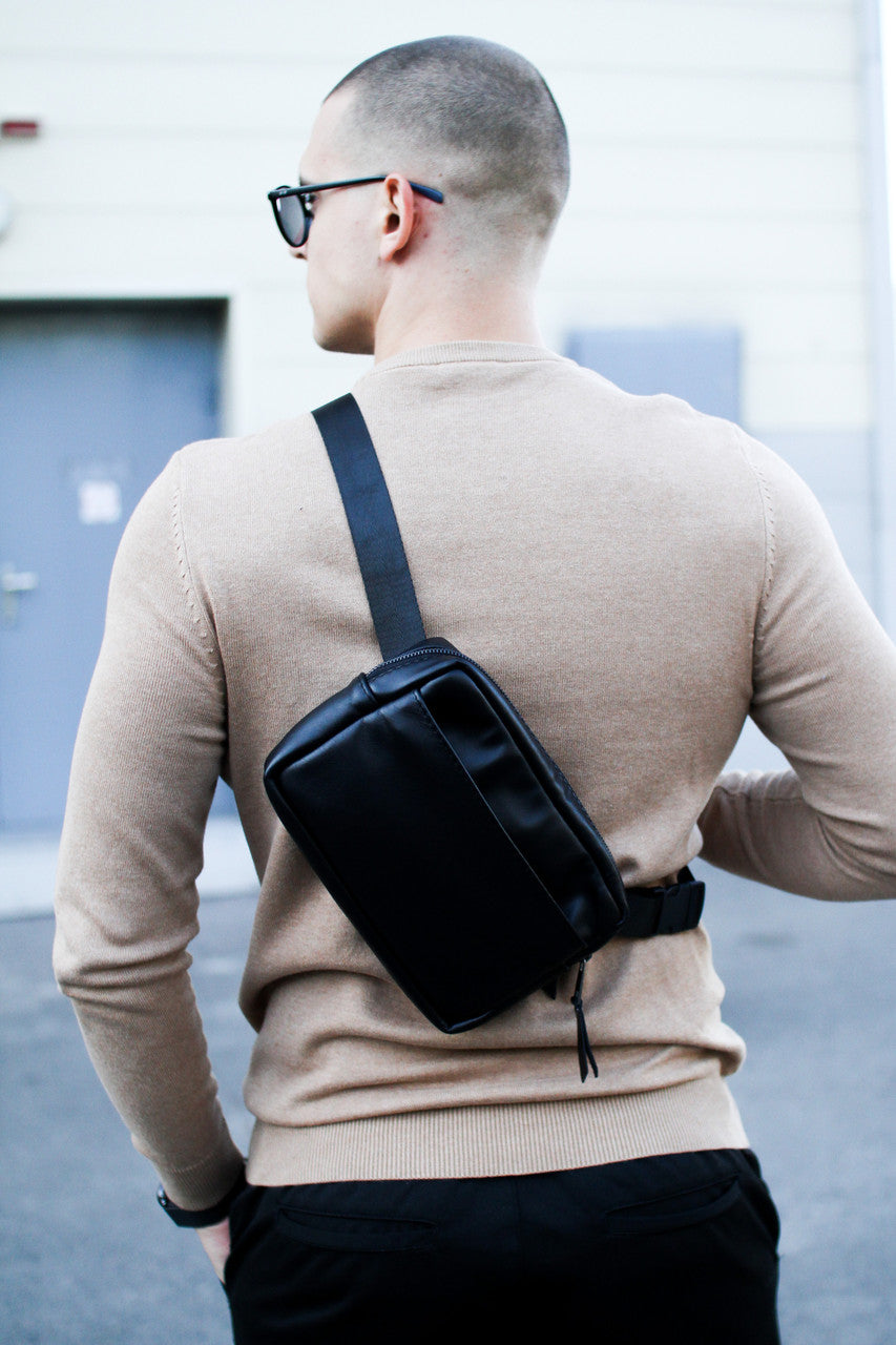 Mens SKILL Crossbody Bag Handmade Gift For Him Black Genuine Smooth Leather