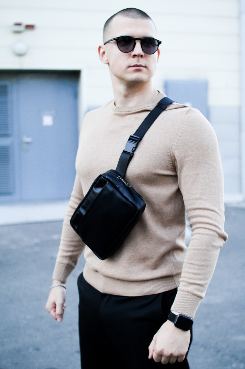Mens SKILL Crossbody Bag Handmade Gift For Him Black Genuine Smooth Leather