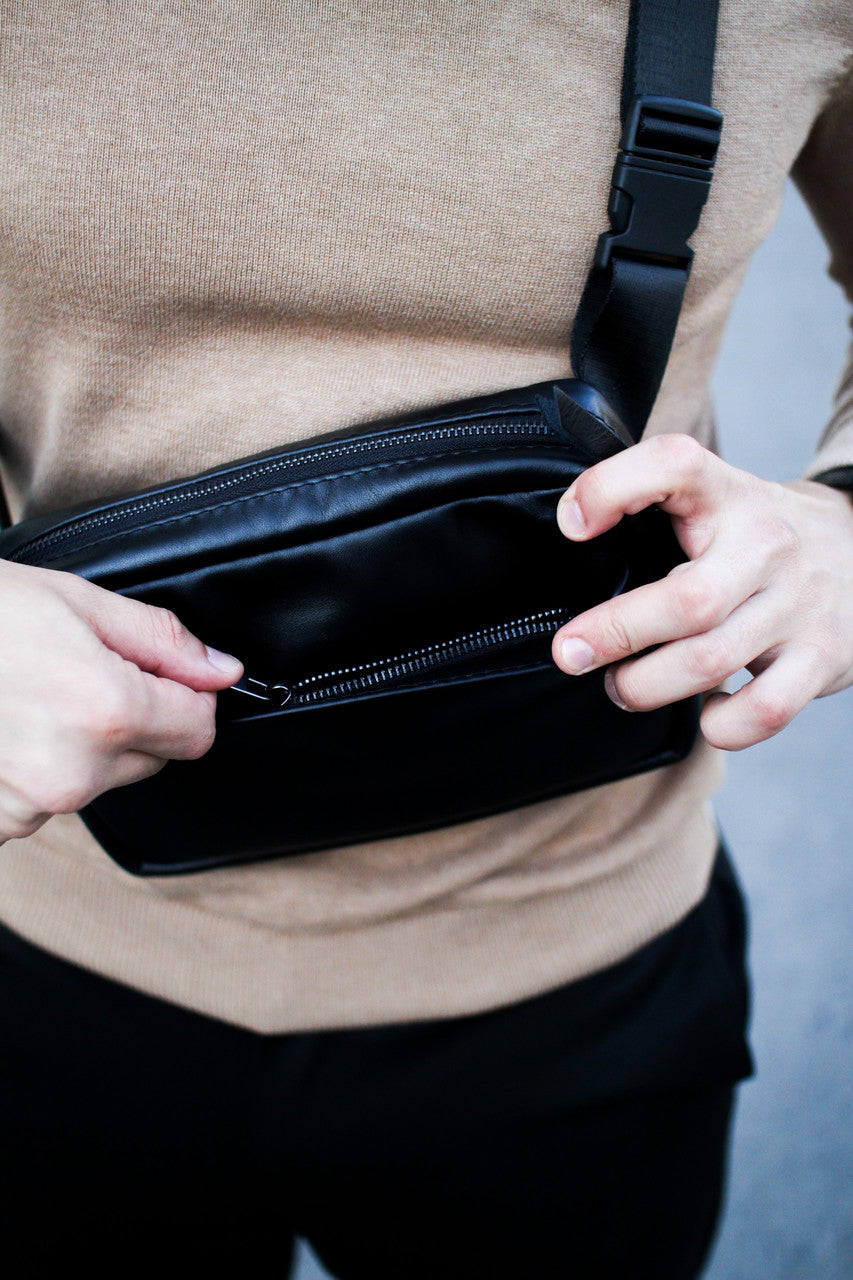 Mens SKILL Crossbody Bag Handmade Gift For Him Black Genuine Smooth Leather
