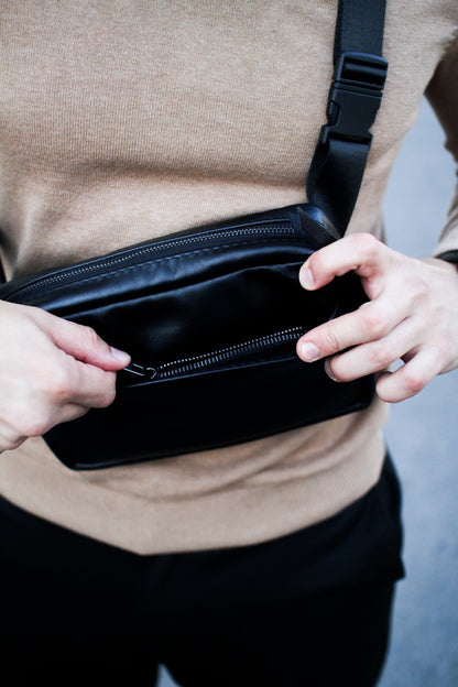 Mens SKILL Crossbody Bag Handmade Gift For Him Black Genuine Smooth Leather