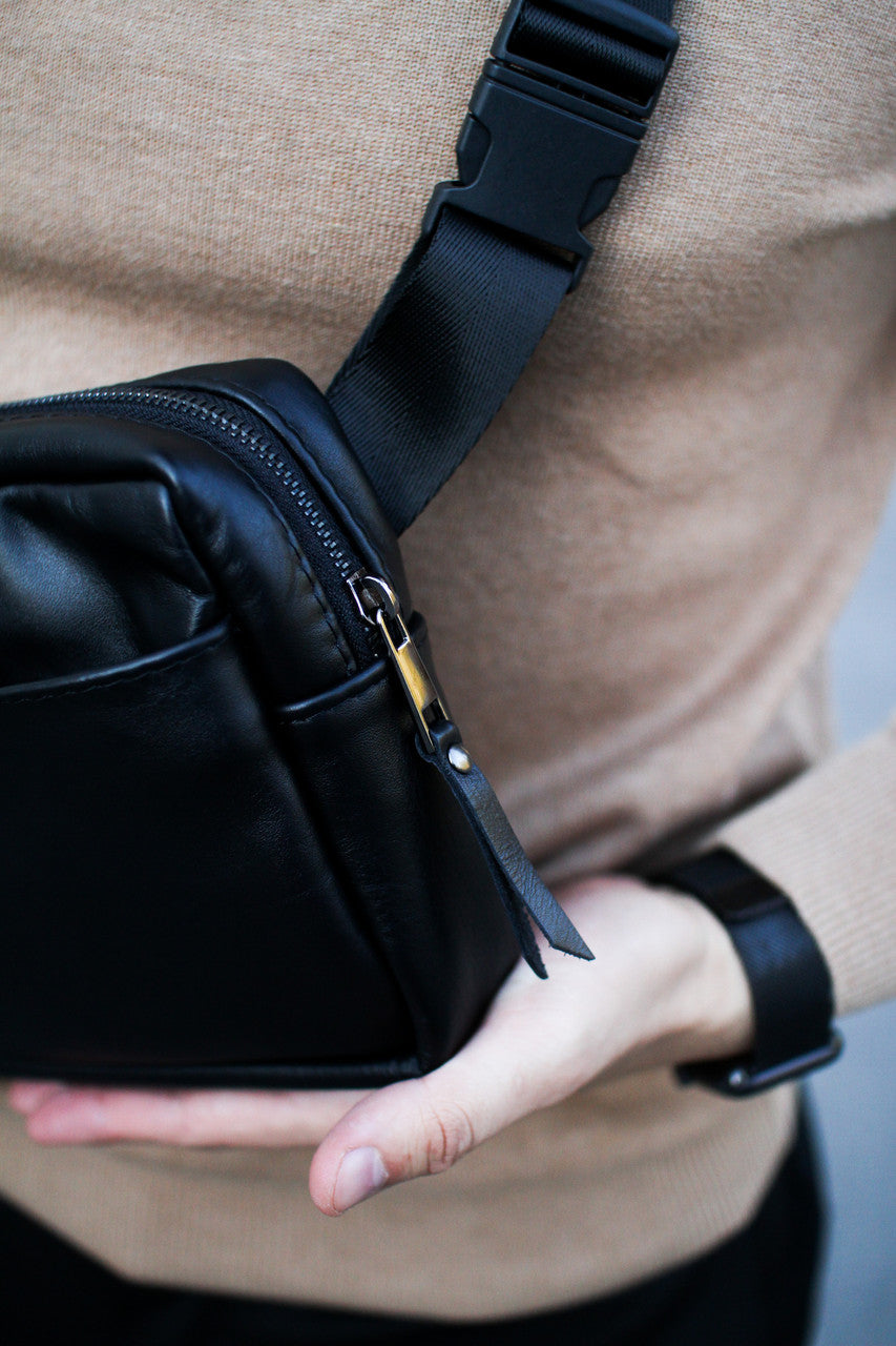 Mens SKILL Crossbody Bag Handmade Gift For Him Black Genuine Smooth Leather