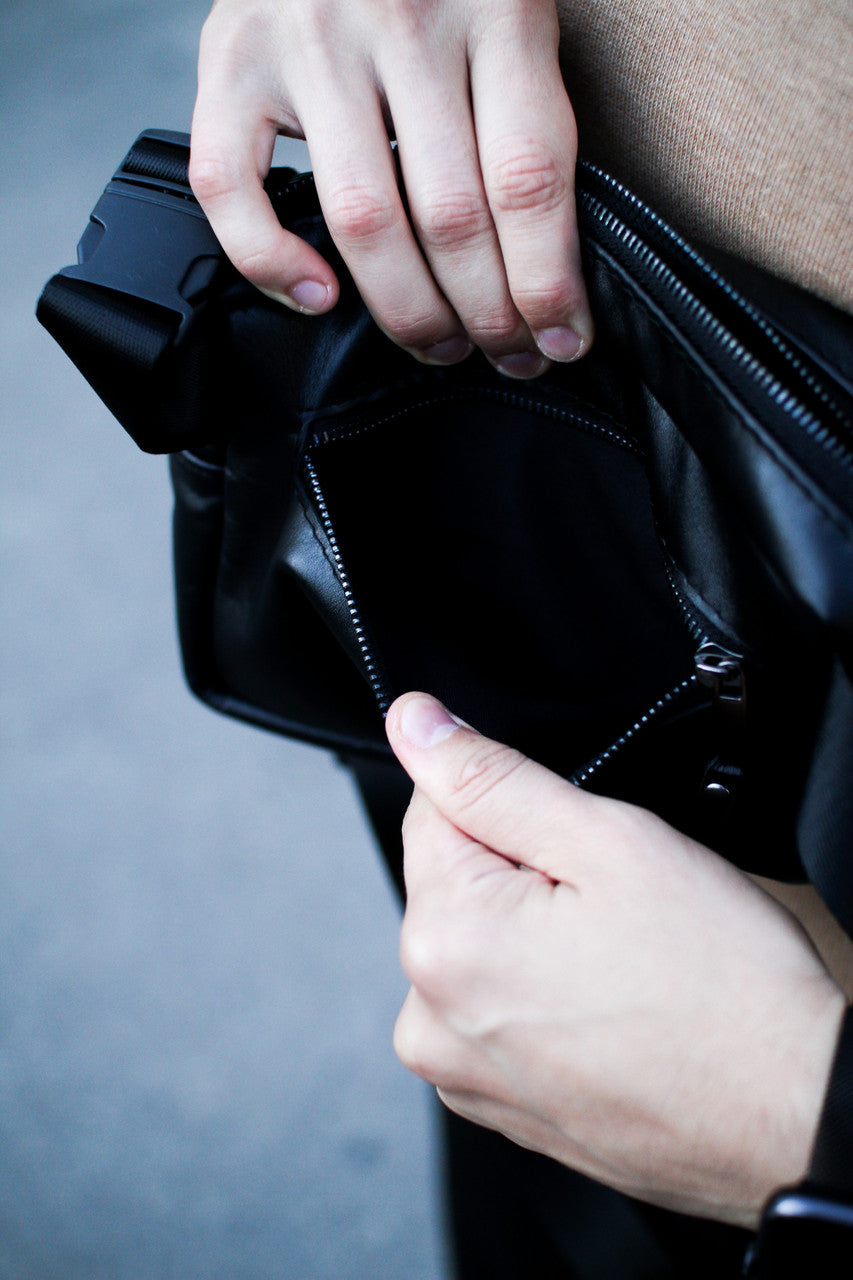 Mens SKILL Crossbody Bag Handmade Gift For Him Black Genuine Smooth Leather