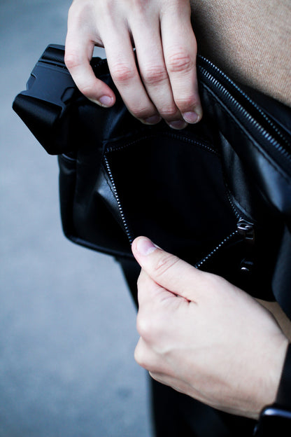 Mens SKILL Crossbody Bag Handmade Gift For Him Black Genuine Smooth Leather