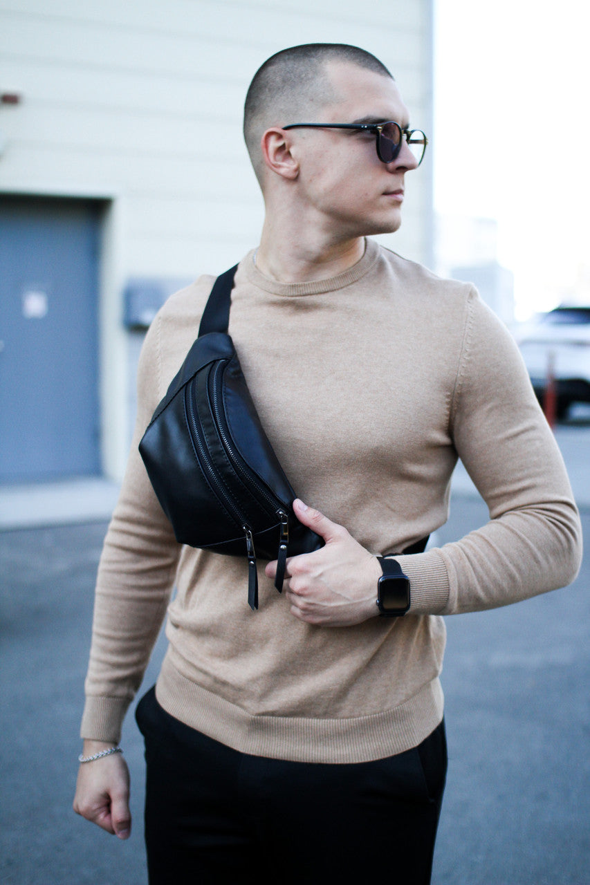Handmade Mens Black Genuine Smooth Leather Belt Bag Gift for Him