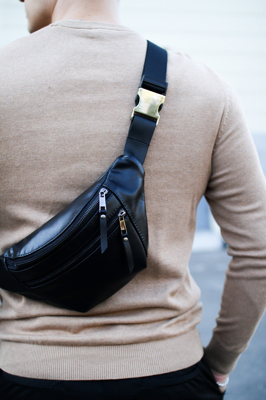 Handmade Mens Black Genuine Smooth Leather Belt Bag Gift for Him
