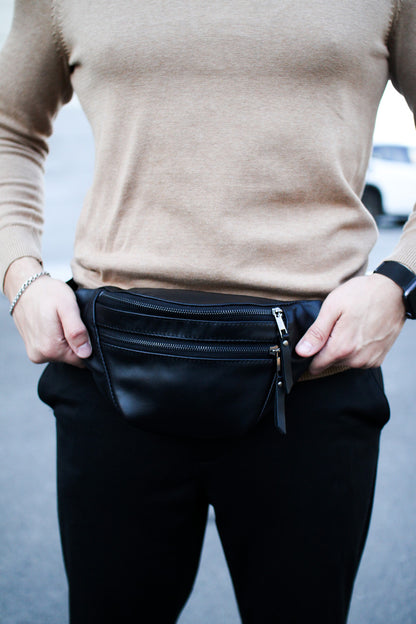 Handmade Mens Black Genuine Smooth Leather Belt Bag Gift for Him