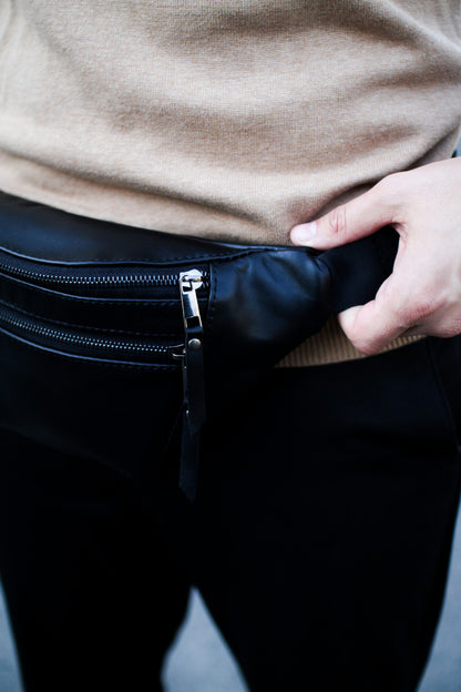 Handmade Mens Black Genuine Smooth Leather Belt Bag Gift for Him