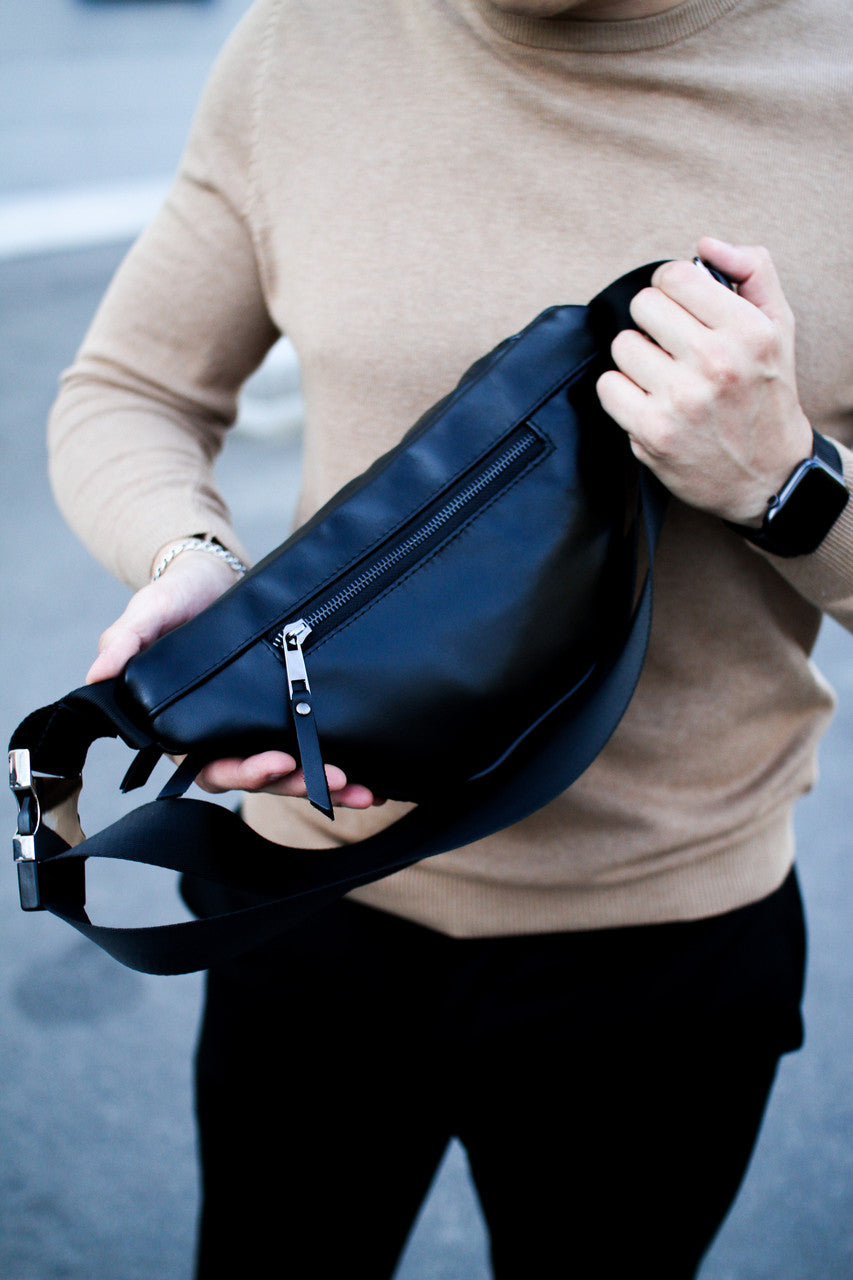 Handmade Mens Black Genuine Smooth Leather Belt Bag Gift for Him