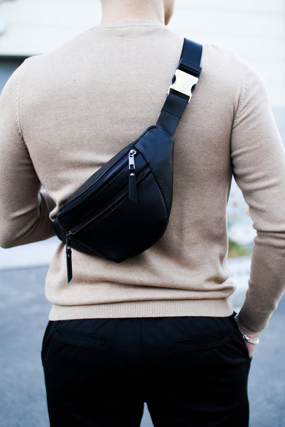 Mens Handmade Leather Banana Belt Bag Black Gift For Him