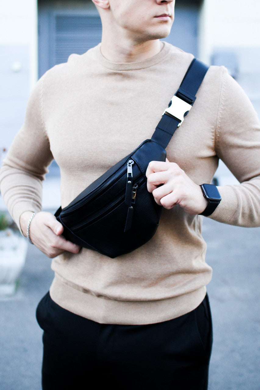 Mens Handmade Leather Banana Belt Bag Black Gift For Him