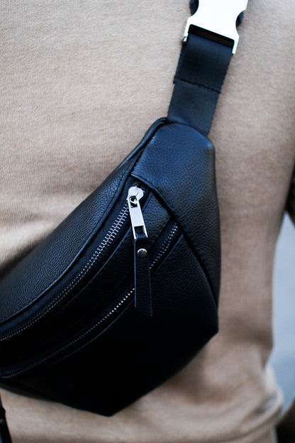 Mens Handmade Leather Banana Belt Bag Black Gift For Him