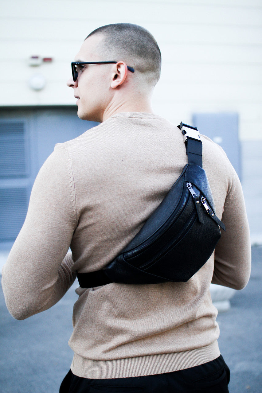 Mens Handmade Leather Banana Belt Bag Black Gift For Him