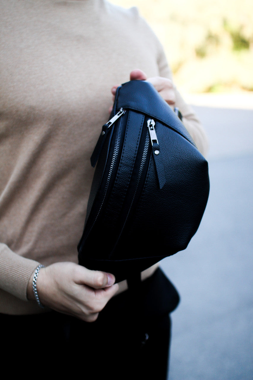 Mens Handmade Leather Banana Belt Bag Black Gift For Him