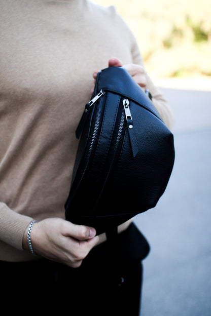 Mens Handmade Leather Banana Belt Bag Black Gift For Him