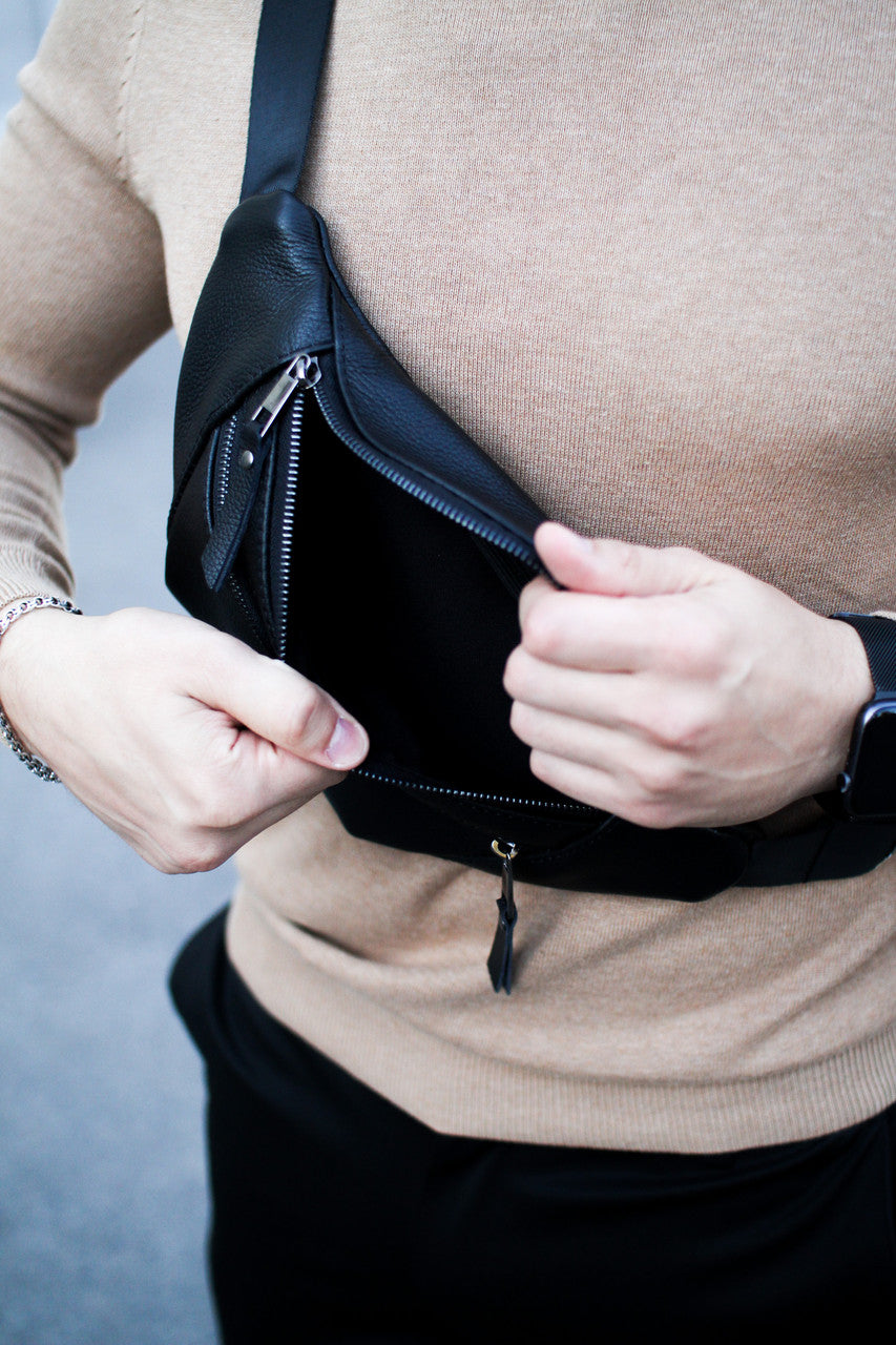 Mens Handmade Leather Banana Belt Bag Black Gift For Him