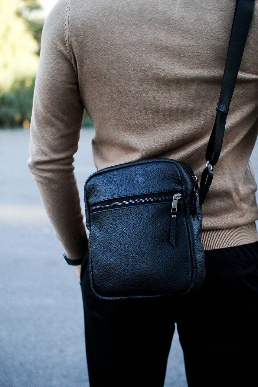 Handmade Genuine Grain Leather Messenger Bag Crossbody for Men Black Gift for Him