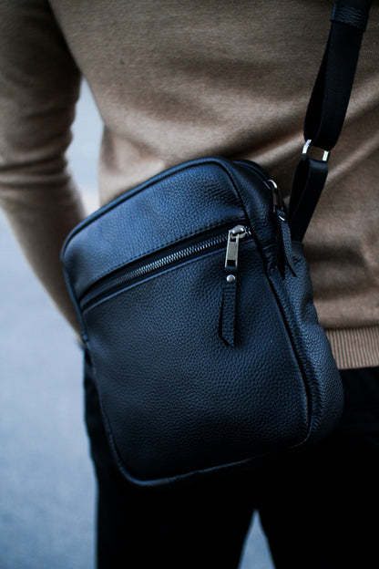 Handmade Genuine Grain Leather Messenger Bag Crossbody for Men Black Gift for Him