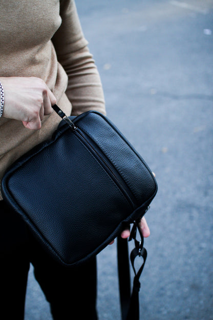 Handmade Genuine Grain Leather Messenger Bag Crossbody for Men Black Gift for Him