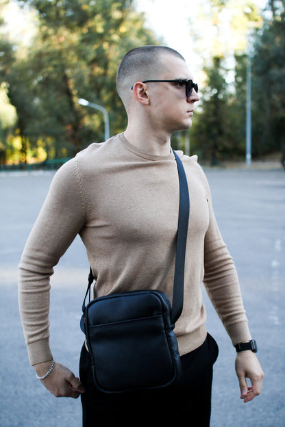 Handmade Genuine Grain Leather Messenger Bag Crossbody for Men Black Gift for Him