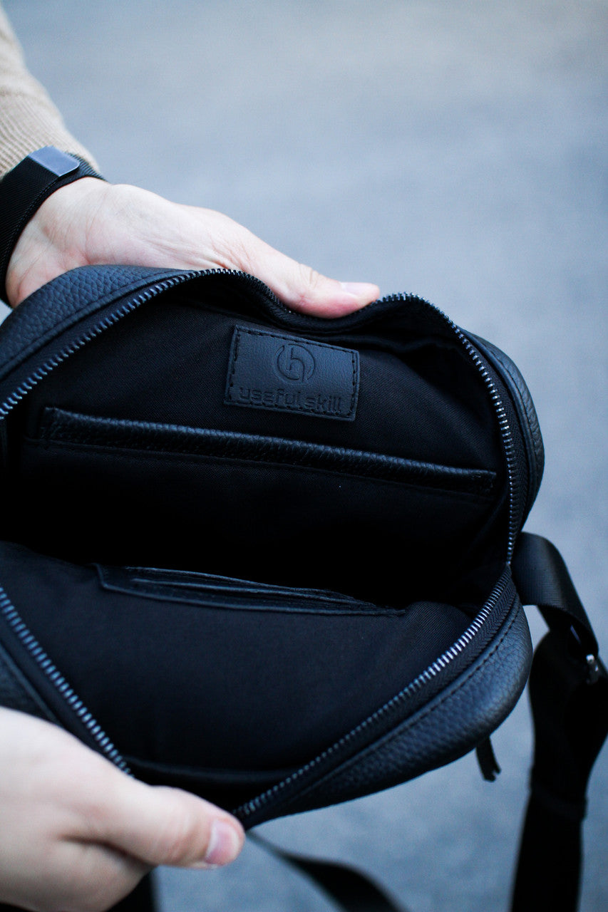 Handmade Genuine Grain Leather Messenger Bag Crossbody for Men Black Gift for Him