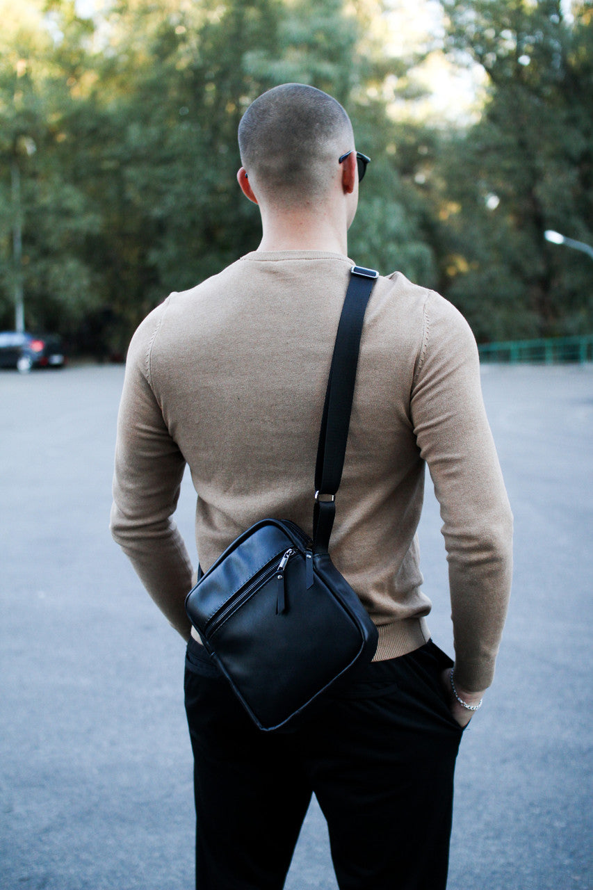 Genuine Smooth Leather Mens Messenger Bag Black Handmade Gift for Him
