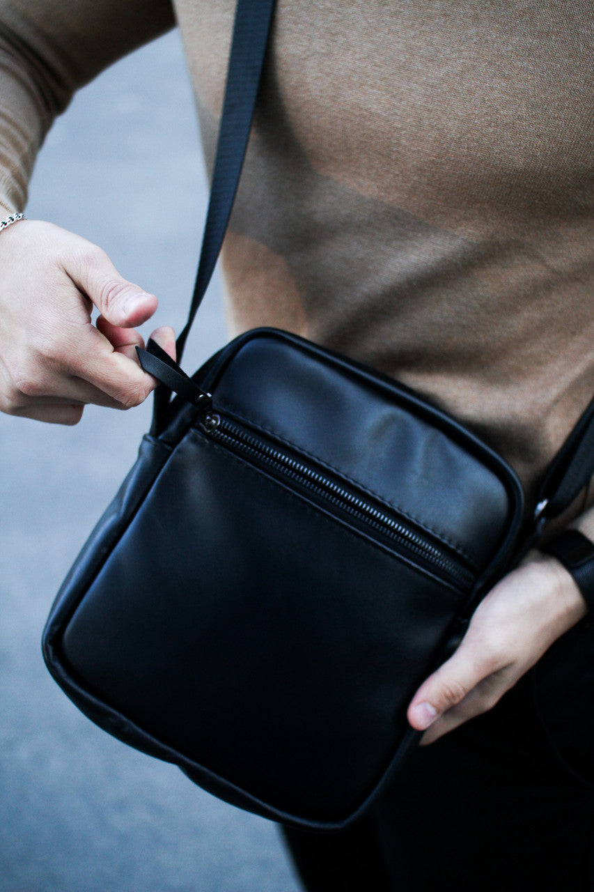 Genuine Smooth Leather Mens Messenger Bag Black Handmade Gift for Him