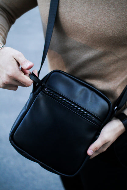 Genuine Smooth Leather Mens Messenger Bag Black Handmade Gift for Him