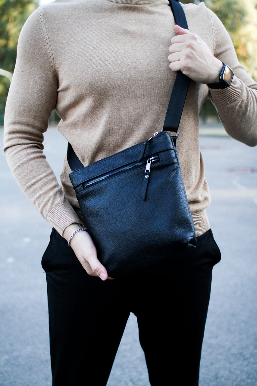 Handmade Genuine Grain Leather Messenger Bag Crossbody Bag For Men Black Gift For Him