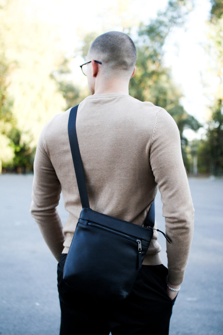 Handmade Genuine Grain Leather Messenger Bag Crossbody Bag For Men Black Gift For Him