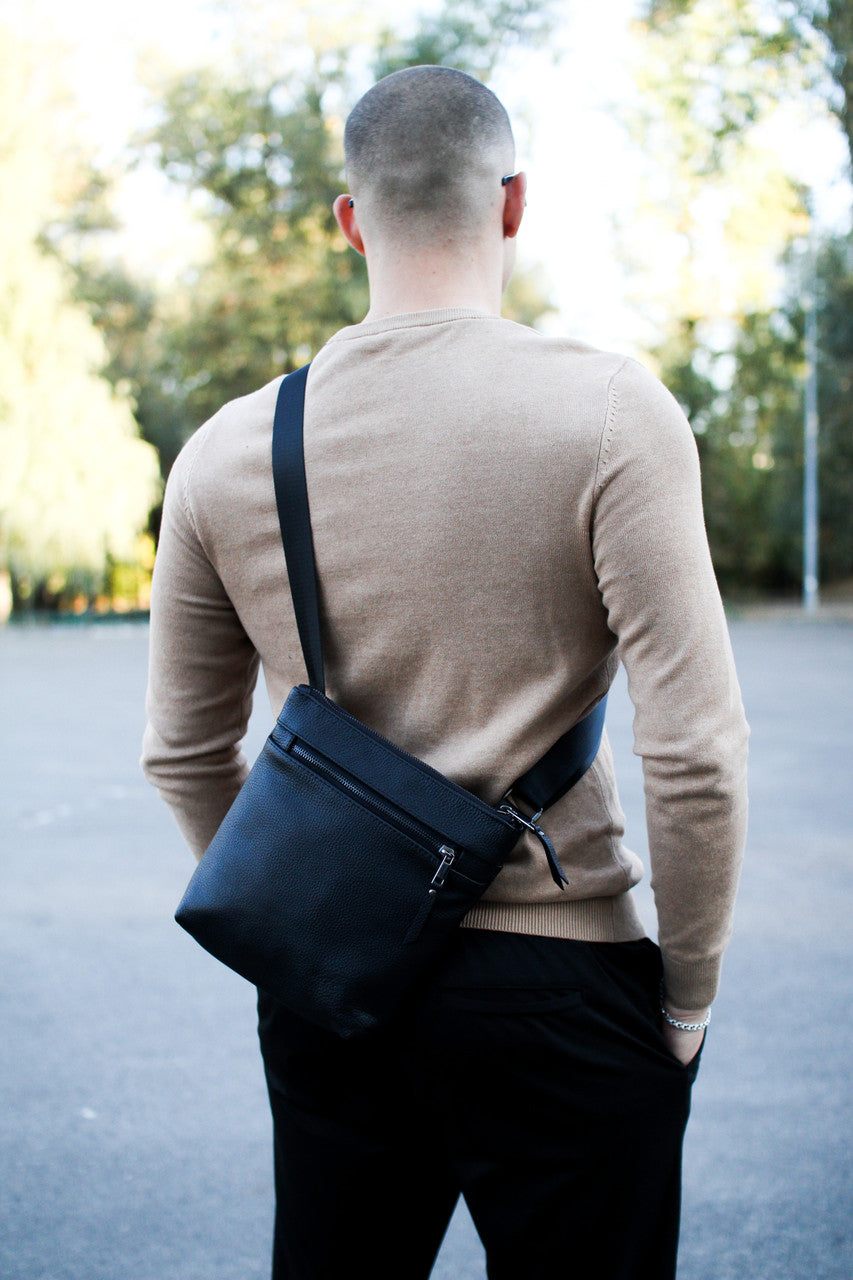 Handmade Genuine Grain Leather Messenger Bag Crossbody Bag For Men Black Gift For Him