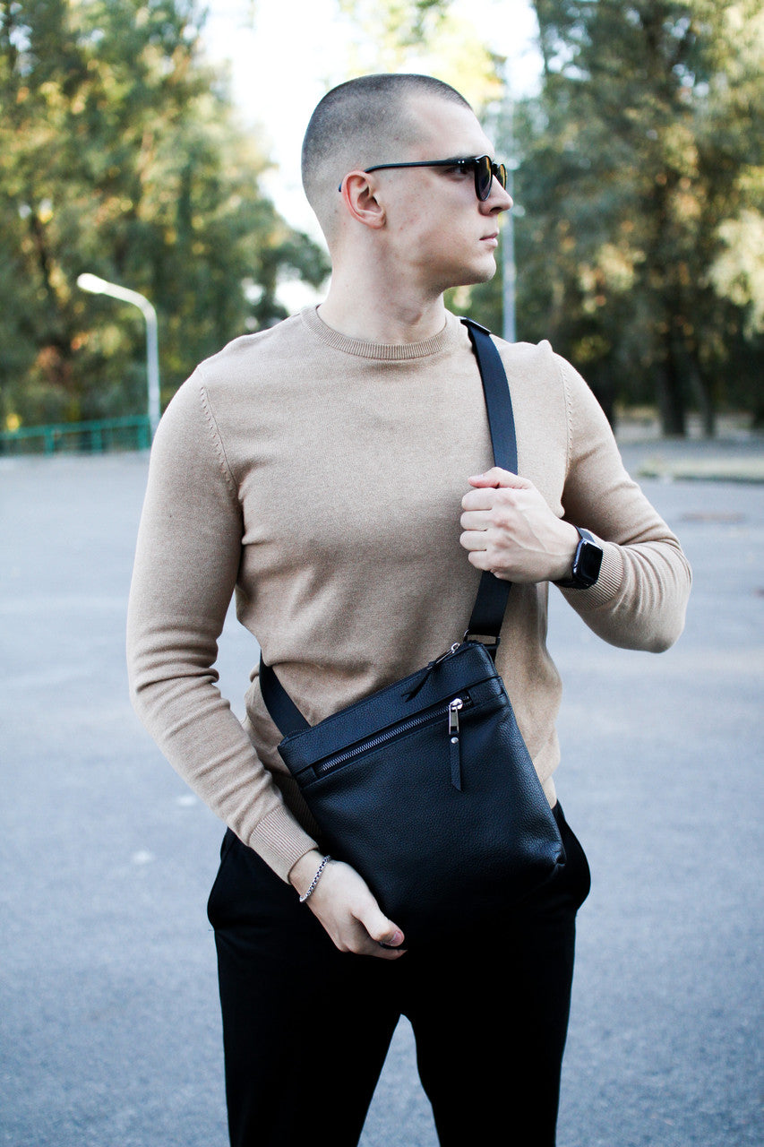 Handmade Genuine Grain Leather Messenger Bag Crossbody Bag For Men Black Gift For Him