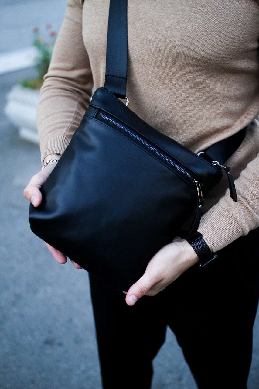 Handmade Genuine Smooth Leather Messenger Bag Black Mens Shoulder Bag Gift for Him