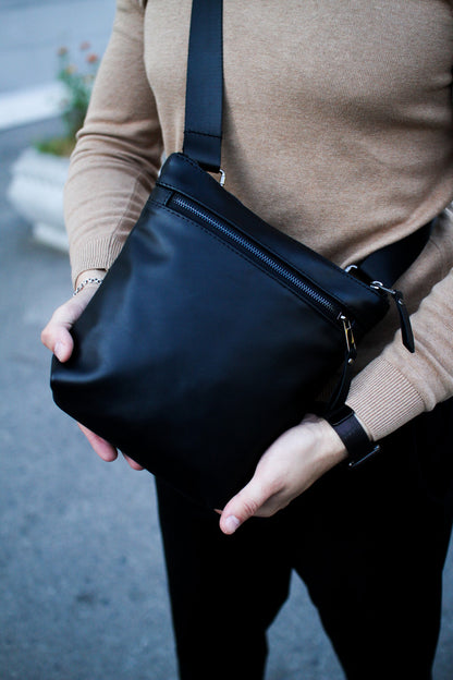 Handmade Genuine Smooth Leather Messenger Bag Black Mens Shoulder Bag Gift for Him
