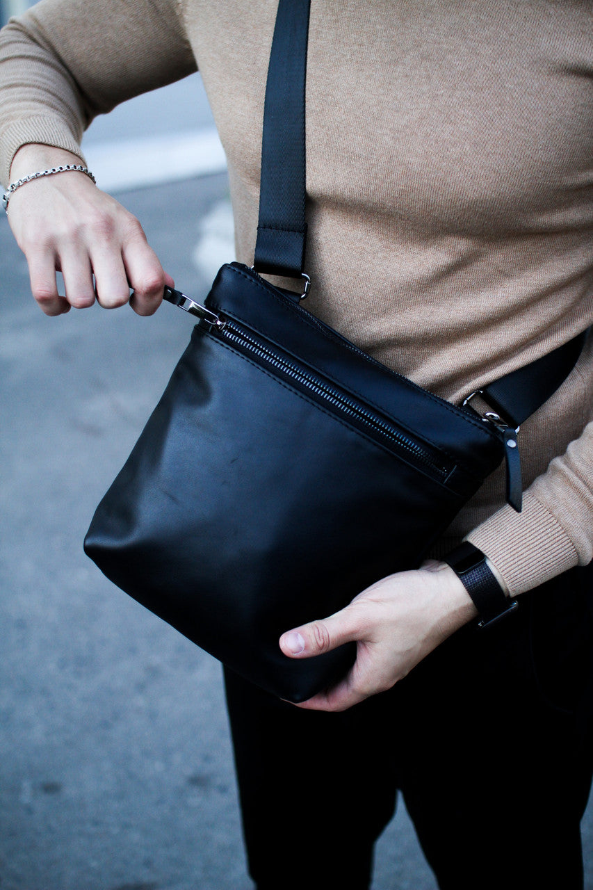 Handmade Genuine Smooth Leather Messenger Bag Black Mens Shoulder Bag Gift for Him