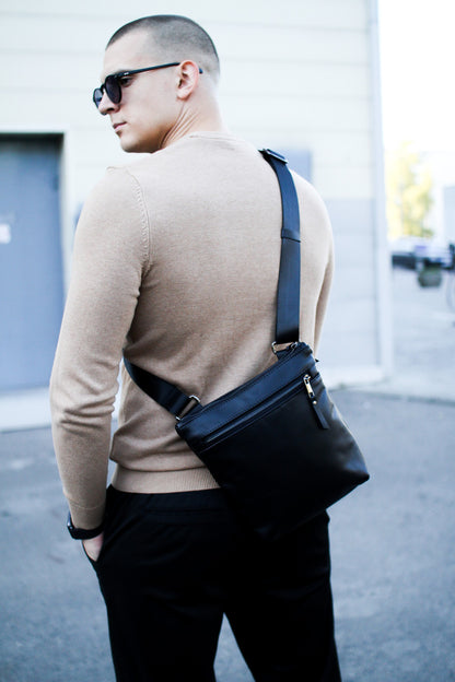 Handmade Genuine Smooth Leather Messenger Bag Black Mens Shoulder Bag Gift for Him