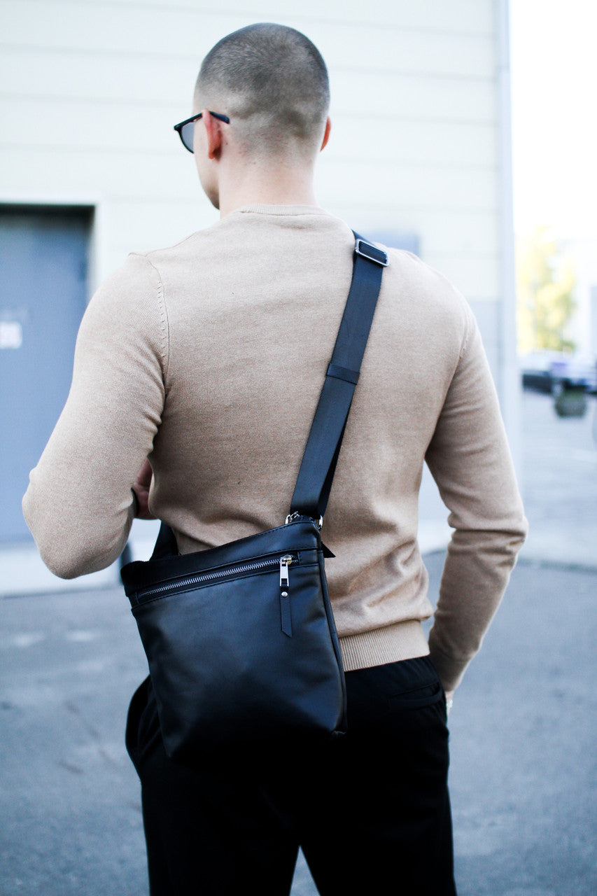 Handmade Genuine Smooth Leather Messenger Bag Black Mens Shoulder Bag Gift for Him