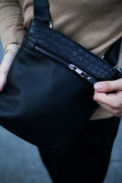 Handmade Genuine Leather Messenger Shoulder Bag for Men Black Crocodile Insert