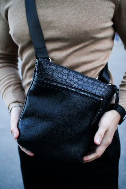 Handmade Genuine Leather Messenger Shoulder Bag for Men Black Crocodile Insert Gift for Him