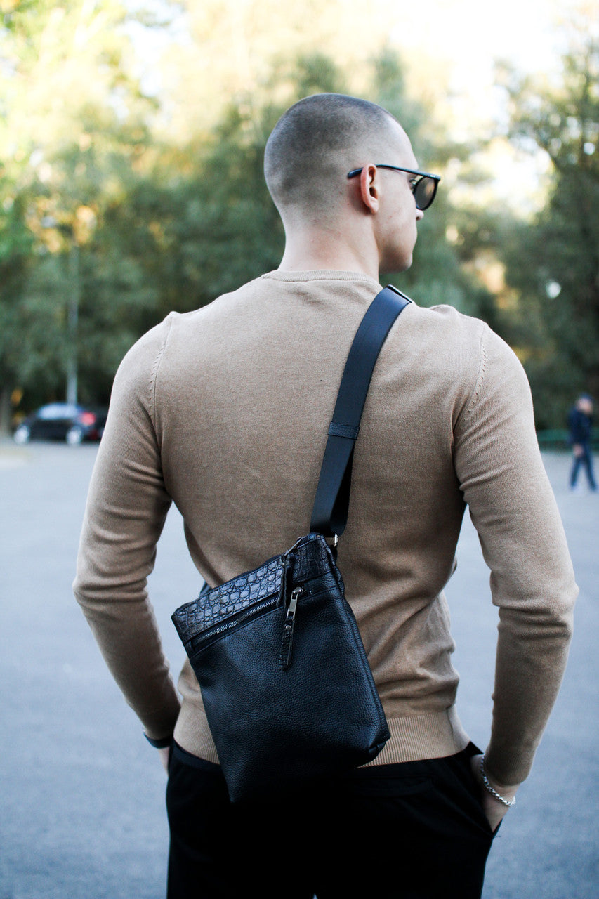 Handmade Genuine Leather Messenger Shoulder Bag for Men Black Crocodile Insert Gift for Him