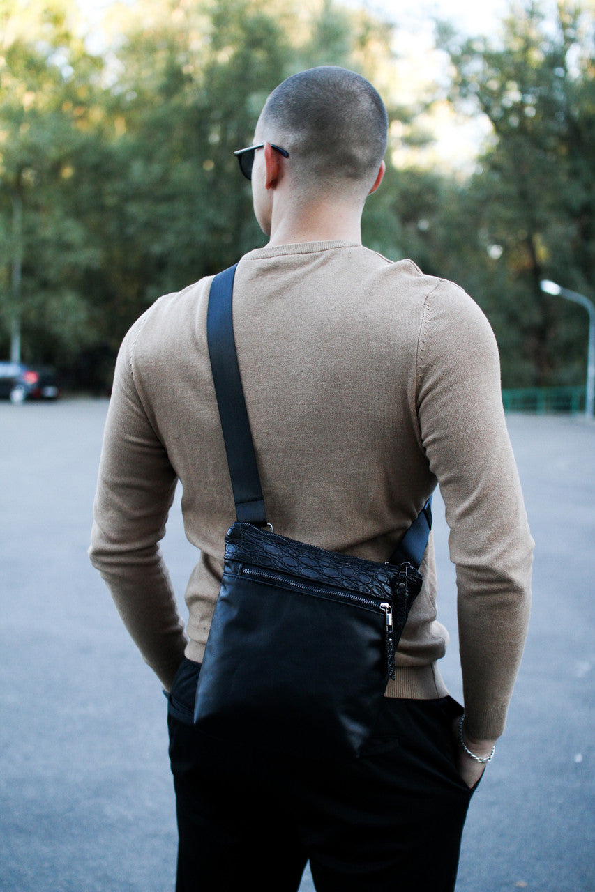 Handmade Genuine Leather Messenger Bag Mens Shoulder Bag Black Crocodile Leather Insert Gift for Him